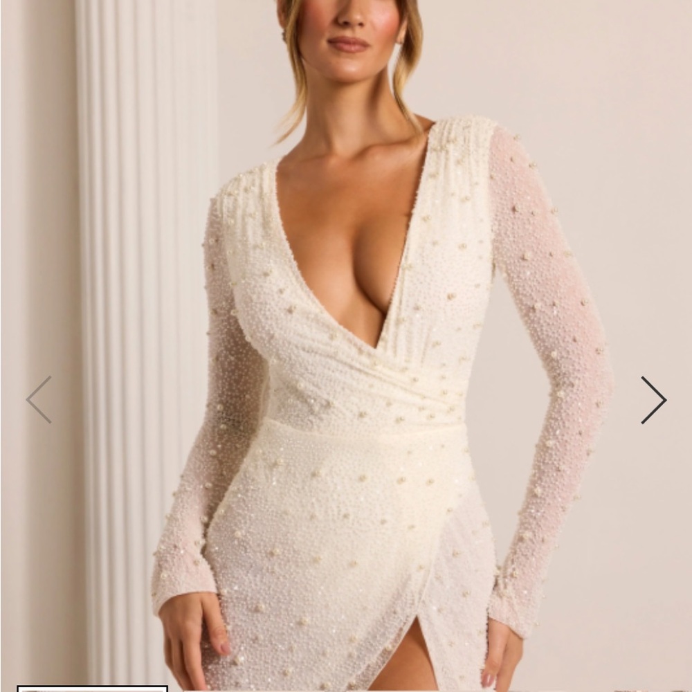 Oh Polly Cream Beaded Long Sleeve Dress